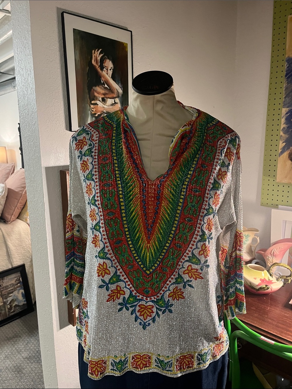 Vintage  V-Neck Daishiki Top in Multicolor
